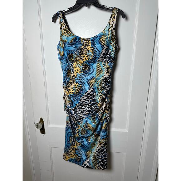 VTG Signature by Sangria Y2K Ruched Snake Satin Teal Blue Sleeveless Dress 10 - Picture 2 of 9